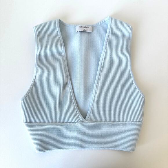 Aritzia Babaton Sculpt Knit Deep V Crop Top Tank Cement Blue M - Picture 4 of 11